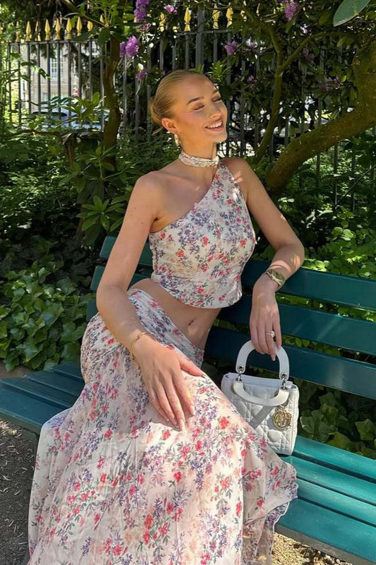 Light Pink Purple Floral One Shoulder Sleeveless Two Piece Set