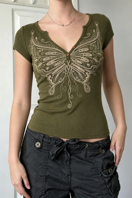 Butterfly Graphic Button Fitted T-Shirt