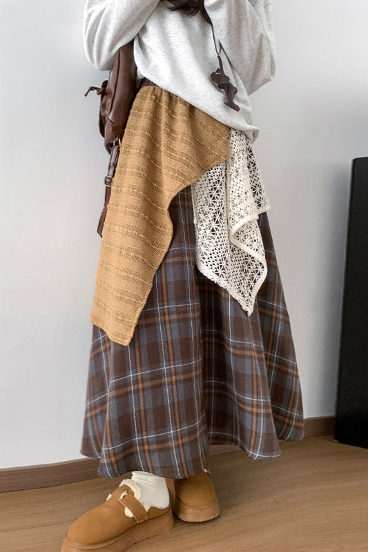 Asymmetric Lace Panel Plaid Skirt