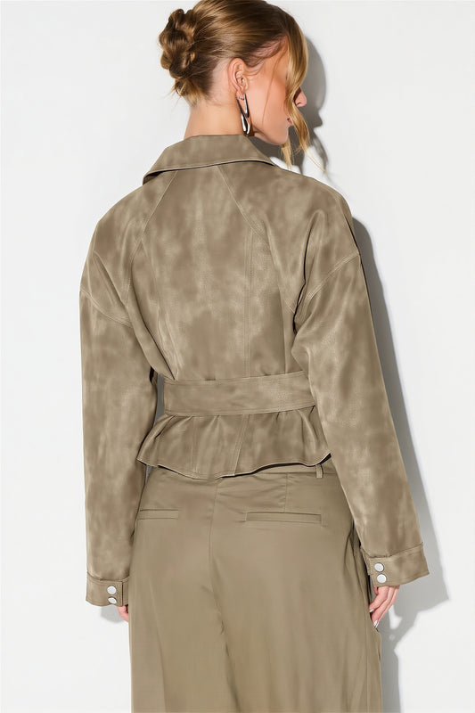 Belted Asymmetric Suede Look Jacket