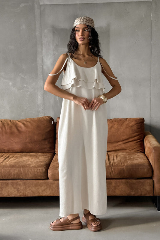 Khaki Linen Cami Ruffled Round Neck Maxi Dress