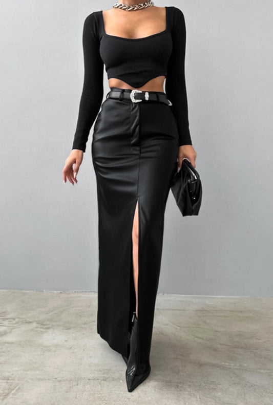 Khaki PU Leather High Waist Split Midi Skirt