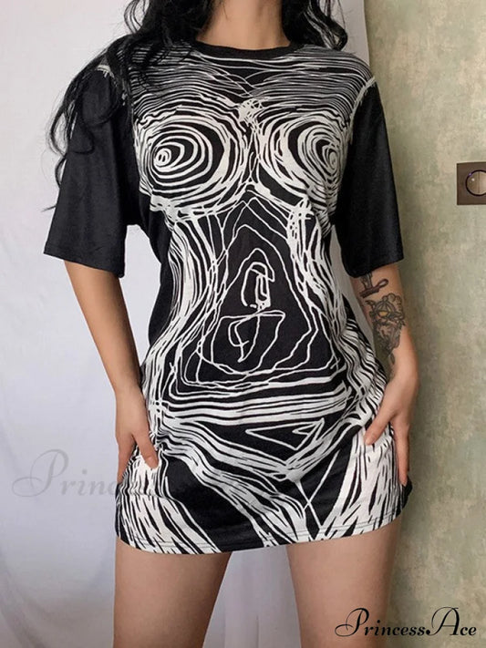 Abstract Face Print Trendy Long Sleeve Blouse Black / S Mini Dresses