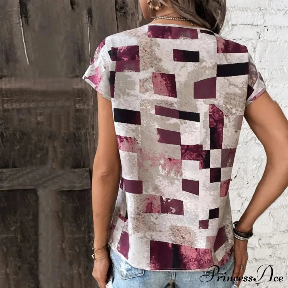 Abstract Plaid Casual T-Shirt Blouses