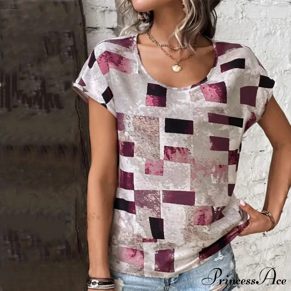 Casual Abstract Plaid T-Shirt Wine red best Best Sellings clothes Plus Size Sale tops Topseller