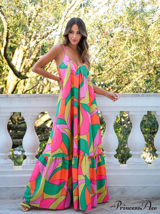 Abstract Print Spaghetti Strap Maxi Dress Summer Floral Maxi Dress