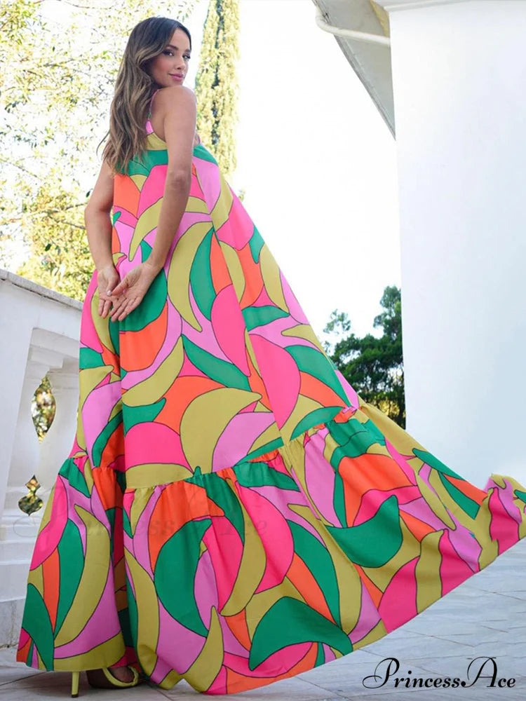 Abstract Print Spaghetti Strap Maxi Dress Summer Floral Maxi Dress