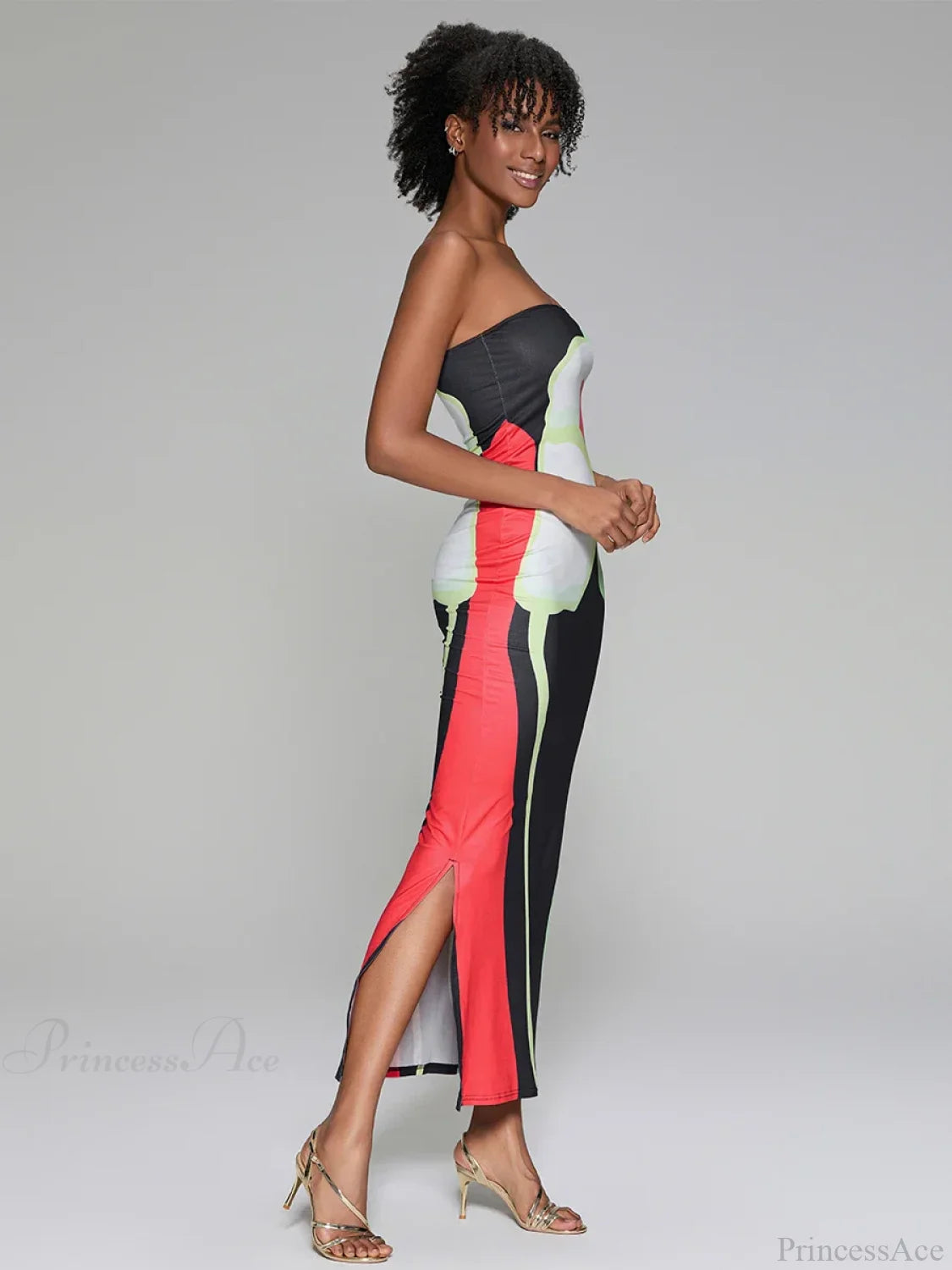 Abstract Print Strapless Side Split Floral Dress floraldress-250126