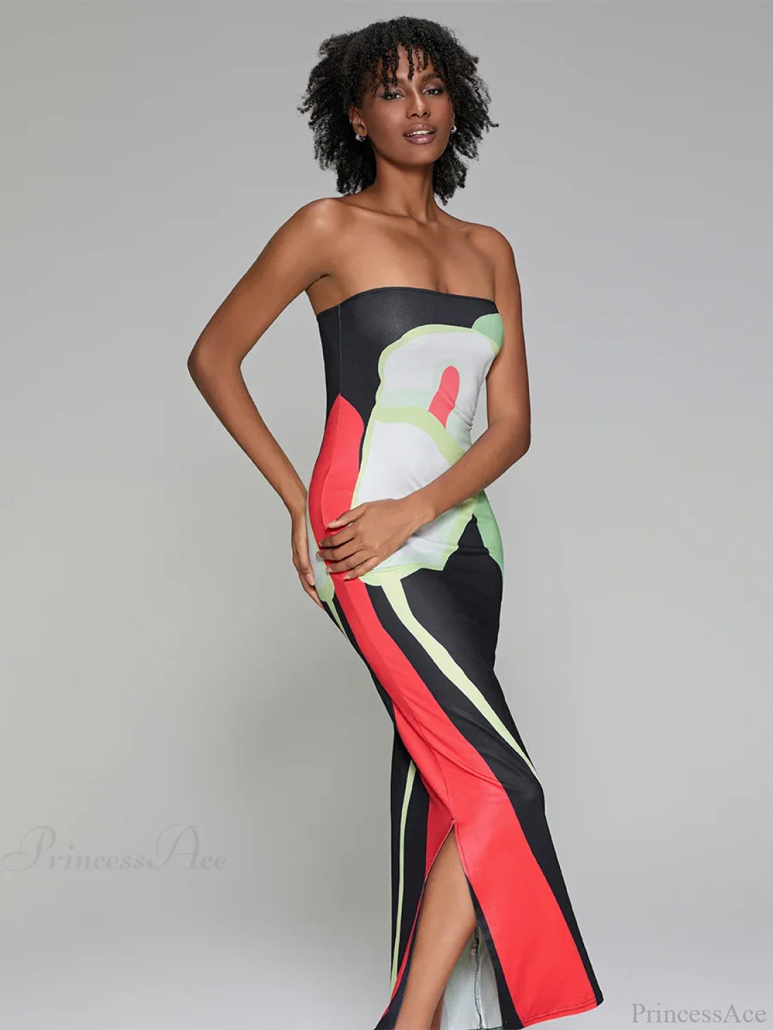 Abstract Print Strapless Side Split Floral Dress floraldress-250126