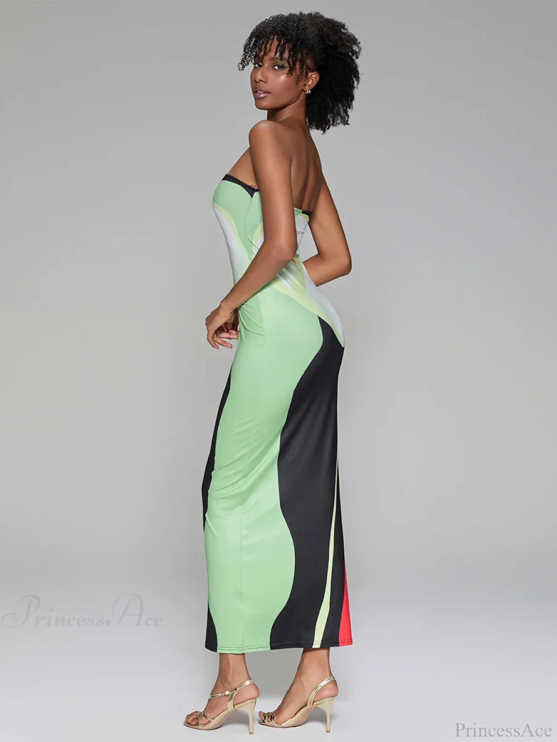 Abstract Print Strapless Side Split Floral Dress floraldress-250126