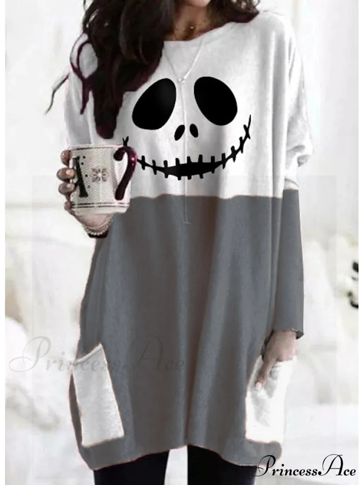 Abstract Women’s Design Black Painting Shirts Round Neck Block White Halloween Long Tunic Plaid