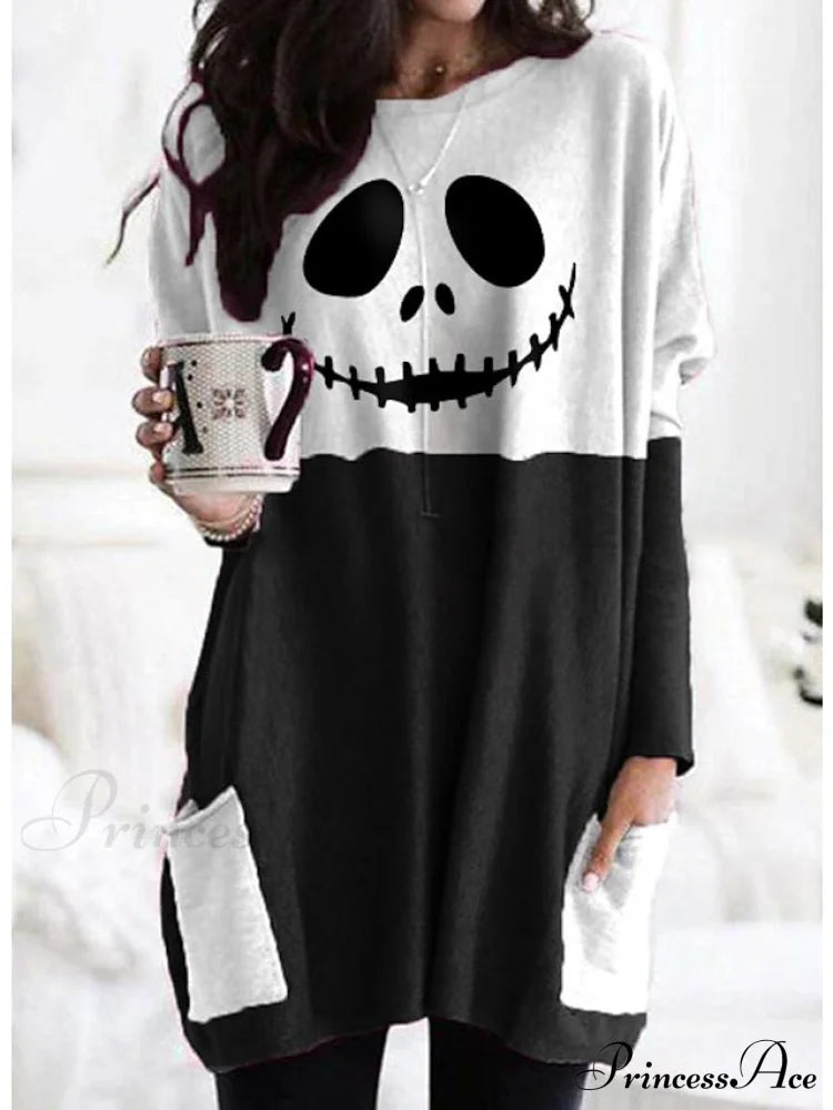 Abstract Women’s Design Black Painting Shirts Round Neck Block White Halloween Long Tunic Plaid