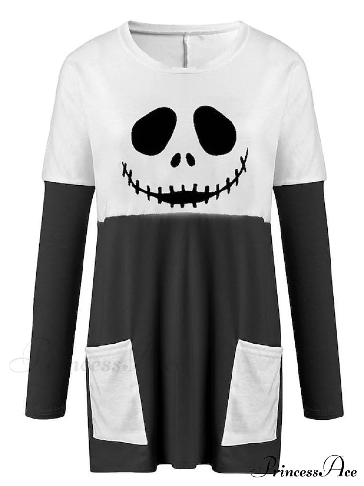 Abstract Women’s Design Black Painting Shirts Round Neck Block White Halloween Long Tunic Plaid