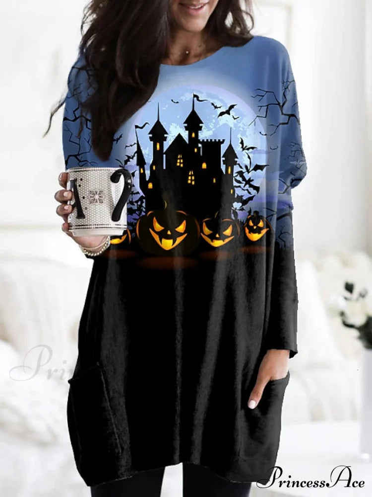 Abstract Women’s Design Black Painting Shirts Round Neck Block White Halloween Long Tunic Plaid