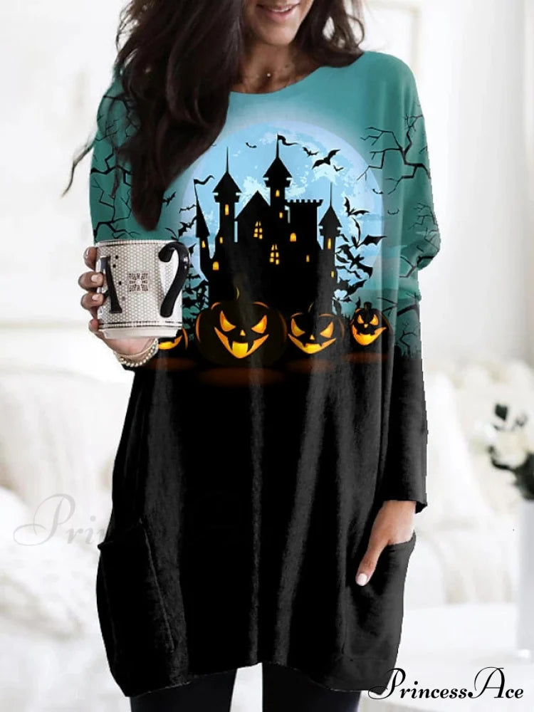 Abstract Women’s Design Black Painting Shirts Round Neck Block White Halloween Long Tunic Plaid