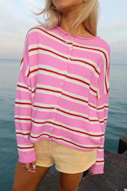 Striped Crew Neck Button Front Cardigan
