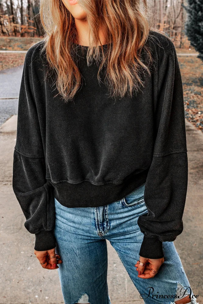 Acid Back Wash Open V-Shape In Sweatshirt Black Sweaters-L