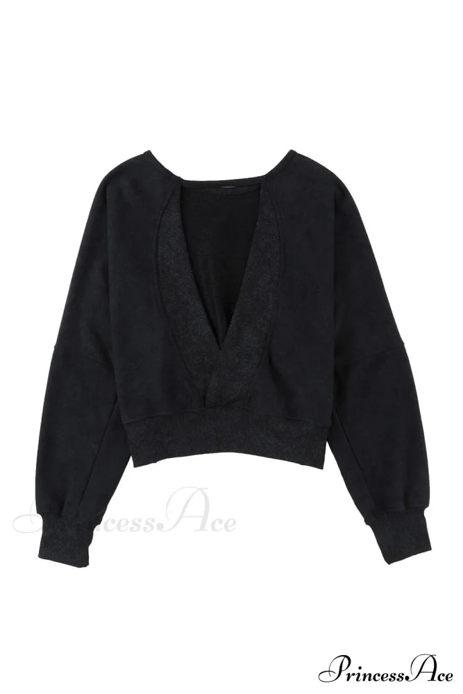 Acid Back Wash Open V-Shape In Sweatshirt Black Sweaters-L