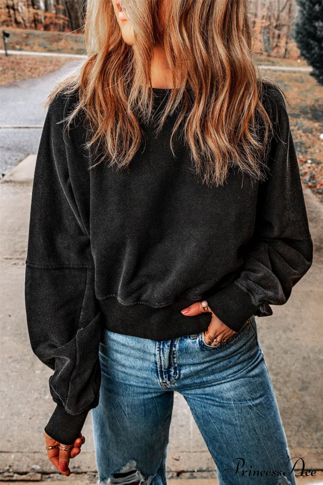 Acid Back Wash Open V-Shape In Sweatshirt Black Sweaters-L