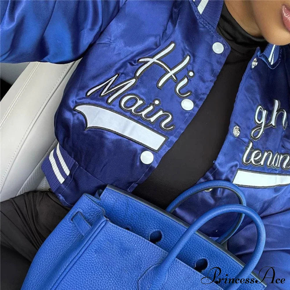 Active Letter Print Cropped Varsity Classic Bomber Jacket - Emerald Green L / Royal Blue Jackets