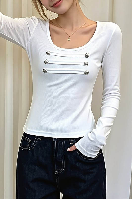 Bar Button Square Neck Fitted Long Sleeve Tee