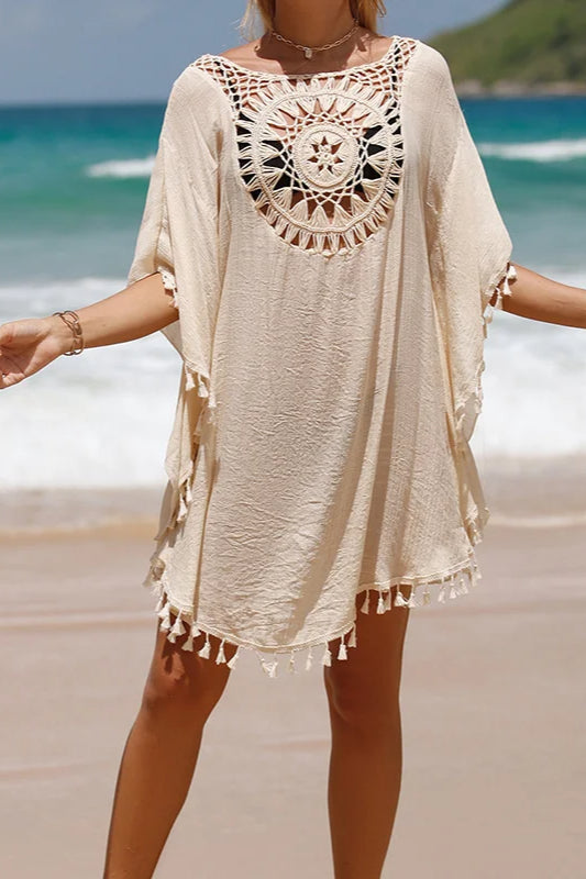 Crochet Cover Up Boho Dress Beige / One Size