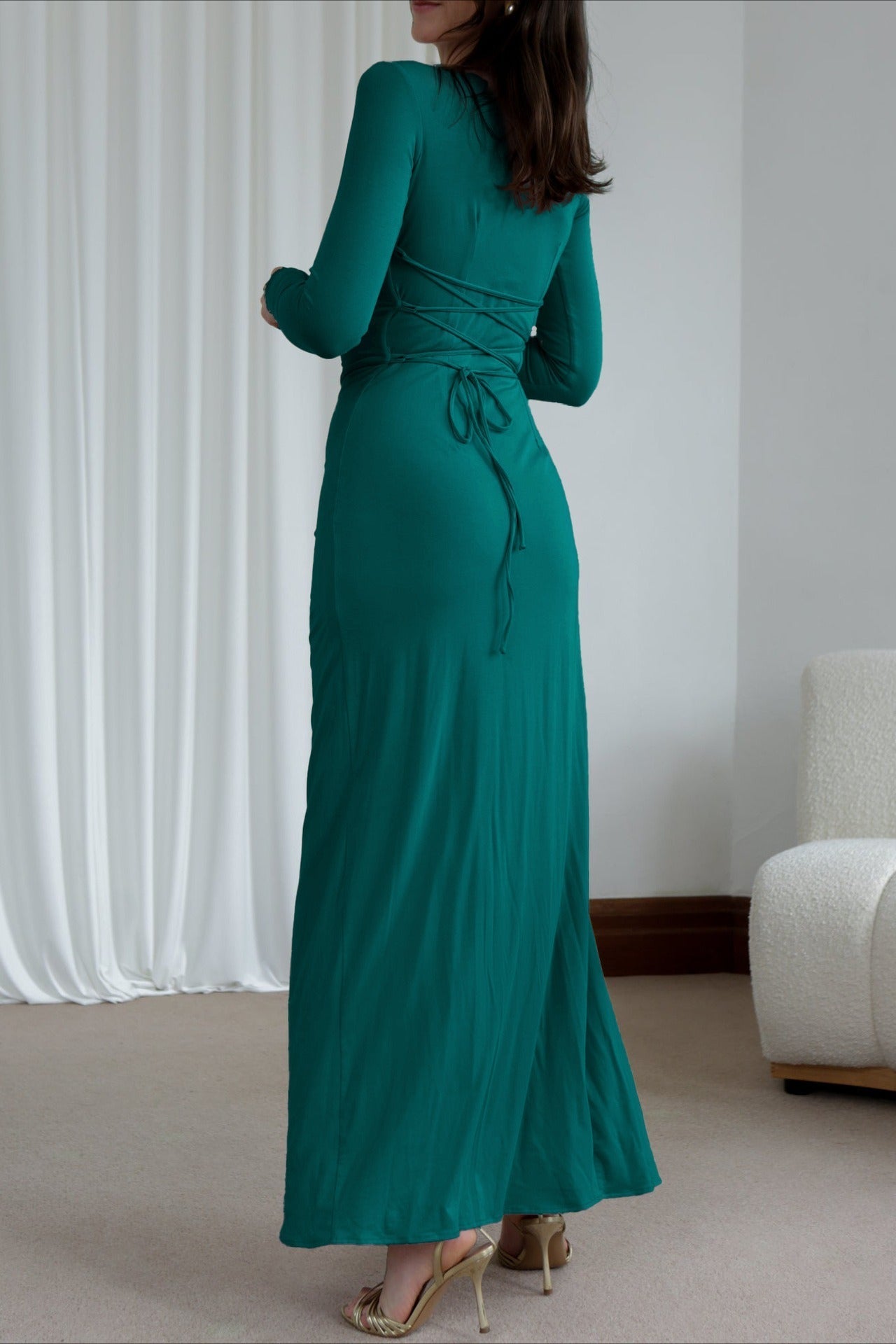Slim Fit Pleated Long Sleeve Maxi Dress