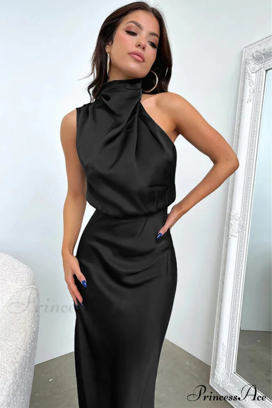 Addison Stretch Satin Charming Long Sleeve Midi Dress Black / S S.o. Short Dresses