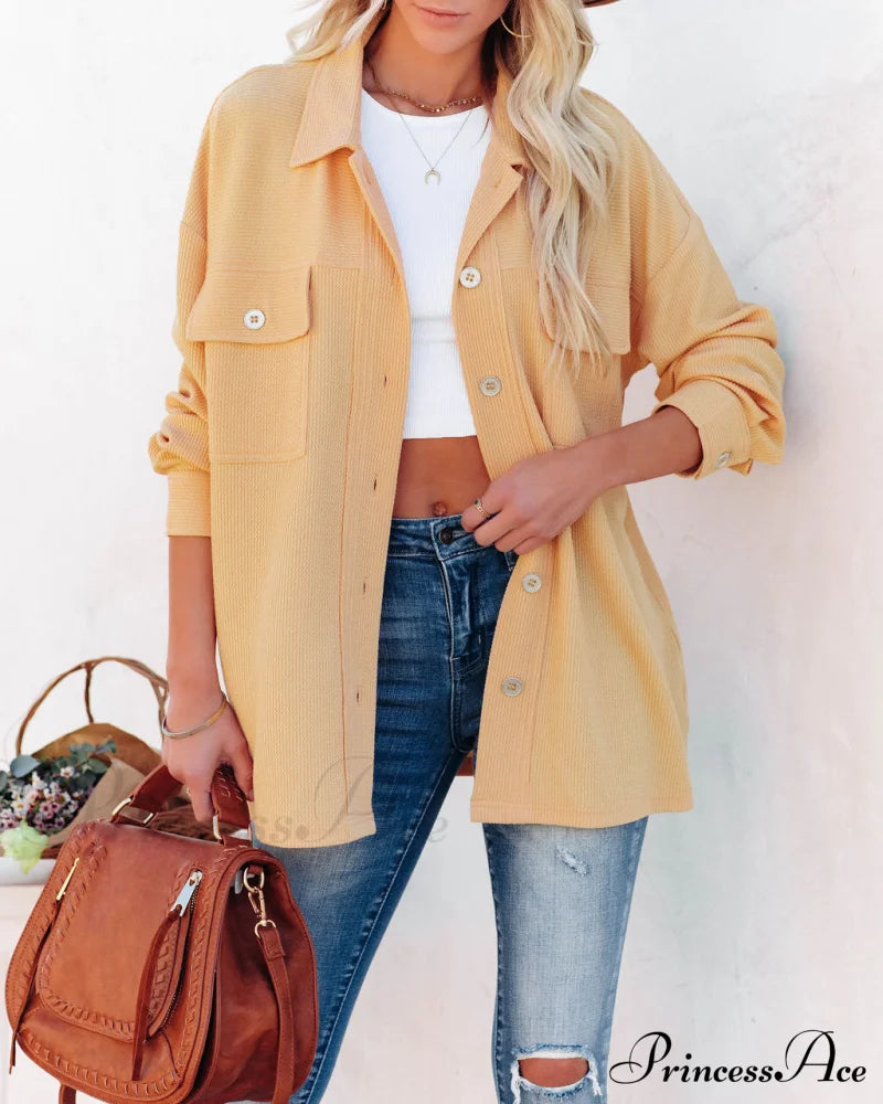 Addyson Yellow Button Down Knit Shacket Coats-L