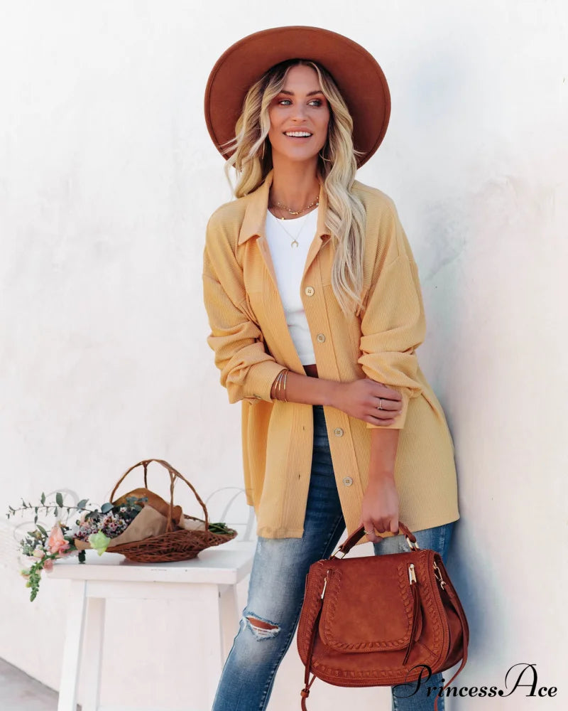 Addyson Yellow Button Down Knit Shacket Coats-L