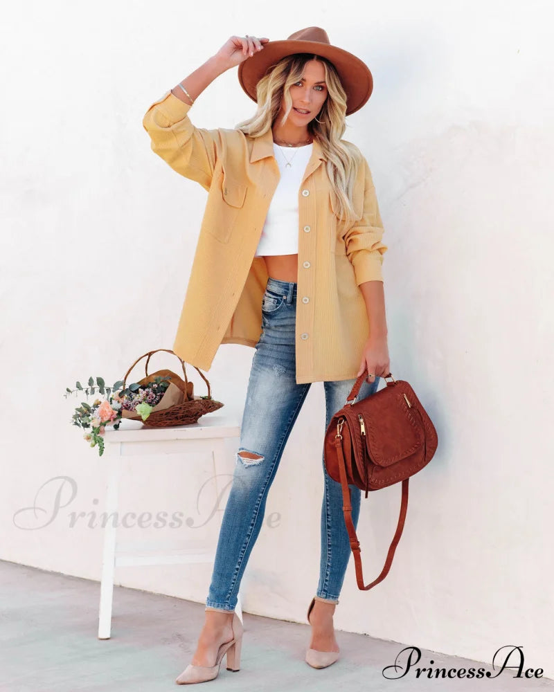 Addyson Yellow Button Down Knit Shacket Coats-L