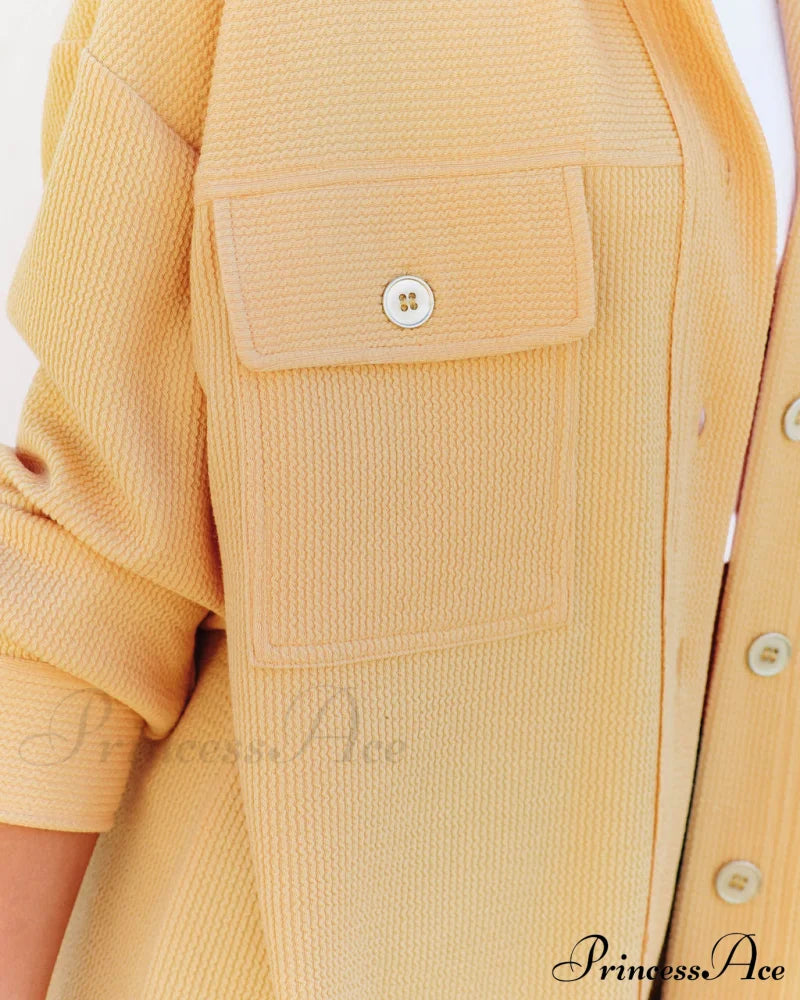 Addyson Yellow Button Down Knit Shacket Coats-L