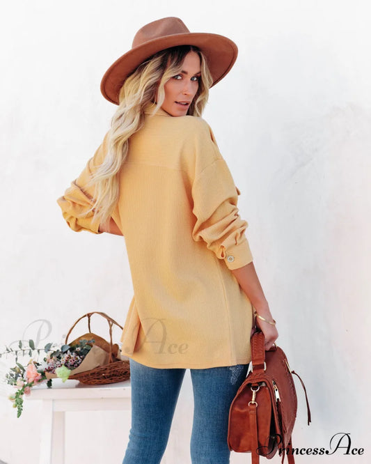 Addyson Yellow Button Down Knit Shacket Coats-L