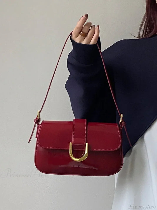 Adjustable Strap Patent Leather Satchel Bag Red shoulder-250126