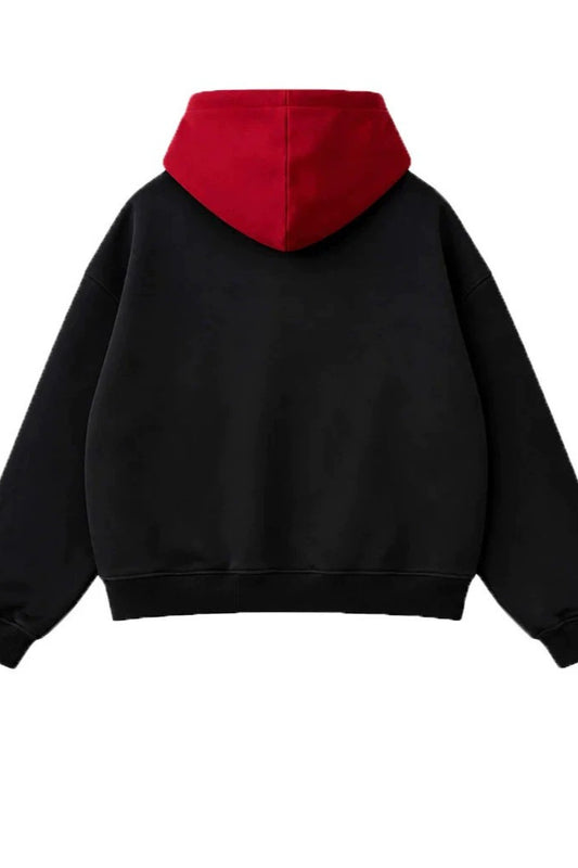 Contrast-Hood Hook-Closure Pullover Hoodie