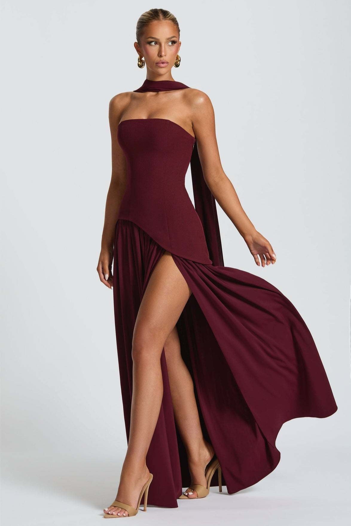Solid Bustier High Slit Formal Dress