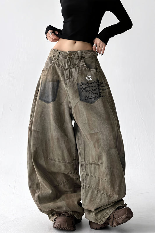 Star Patch Balloon Washed Denim Jeans