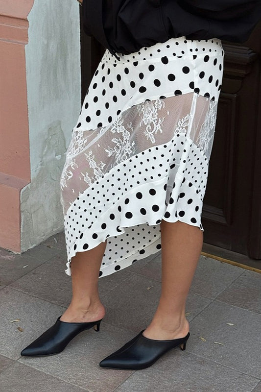 Asymmetric Polk Dots Lace Midi Skirt