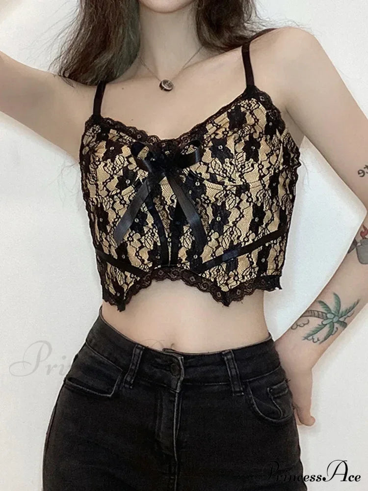 Aesthetic Lace Dark Academia E Girl Double Layer V Neck Sexy Crop Top Halloween