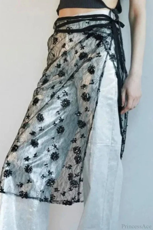 Aesthetic See Through Sequins Flower Lace Long Apron Skirt BLACK1 / One Size skirt-250126