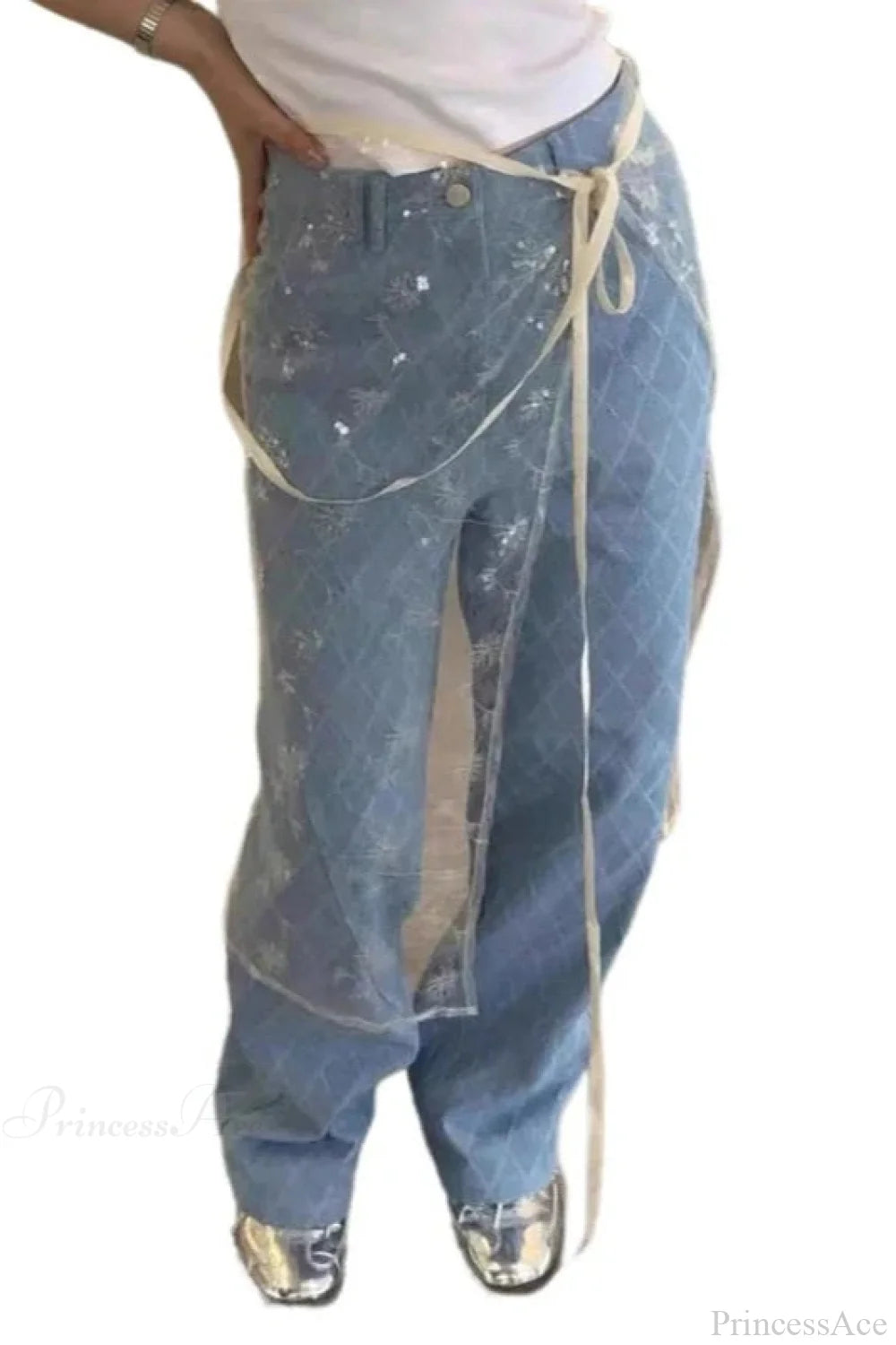 Aesthetic See Through Sequins Flower Lace Long Apron Skirt Blue / One Size skirt-250126