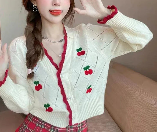 Sweet Cherry Button-Up Patchwork Knit Cardigan