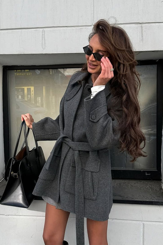 Solid Color Lapel Belted Wool Coat