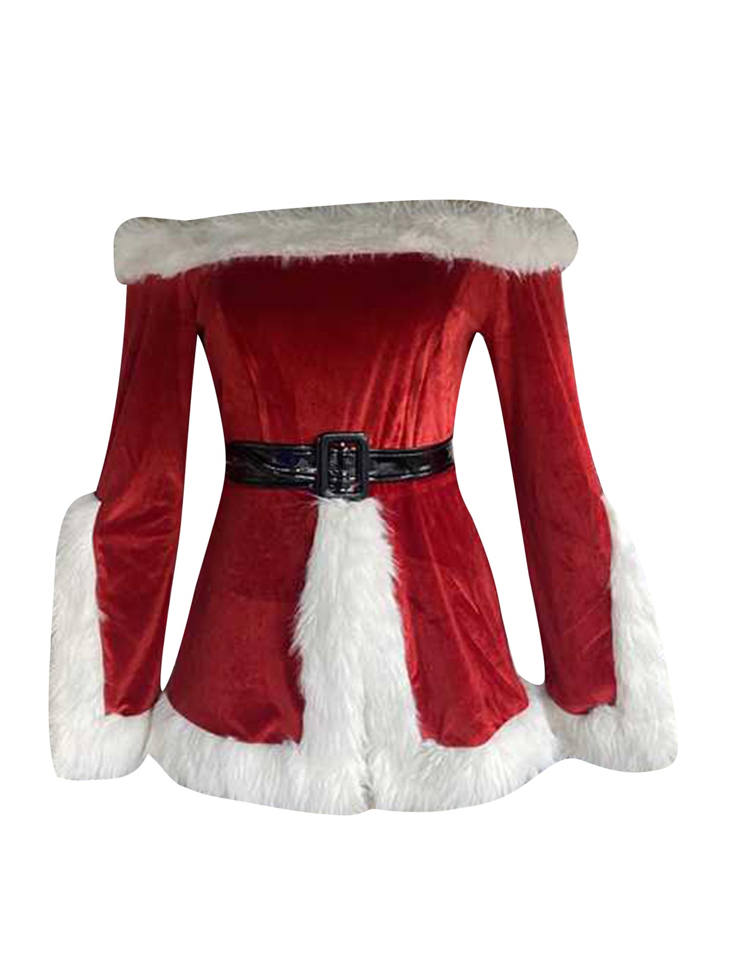 Off-Shoulder Velvet Dress with Furry Patchwork and Santa Hat Christmas Costume