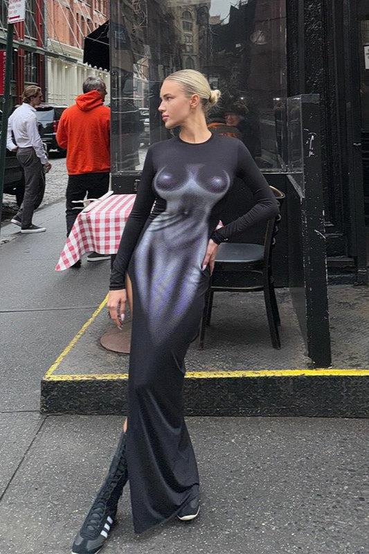 Robe longue moulante à manches longues et imprimé 3D