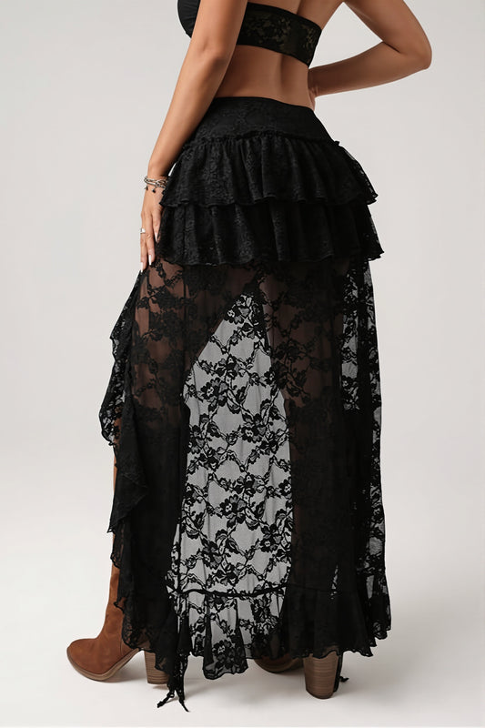 Lace Tiered Asymmetric Maxi Skirt