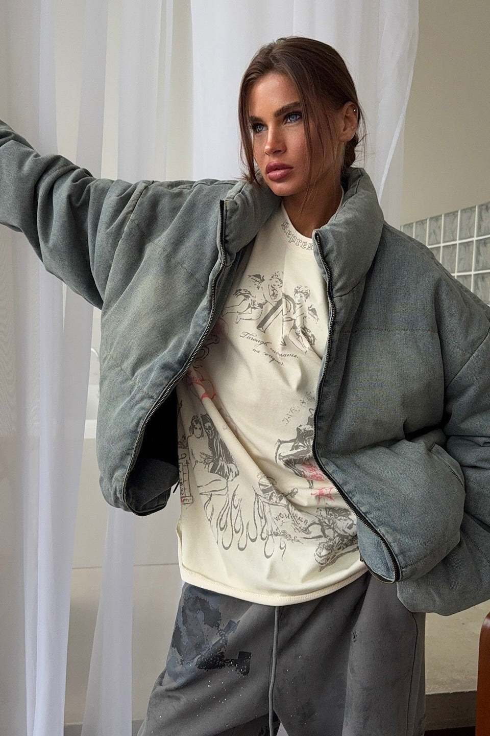 Washed Denim Stand Collar Puffer Jacket S / Blue