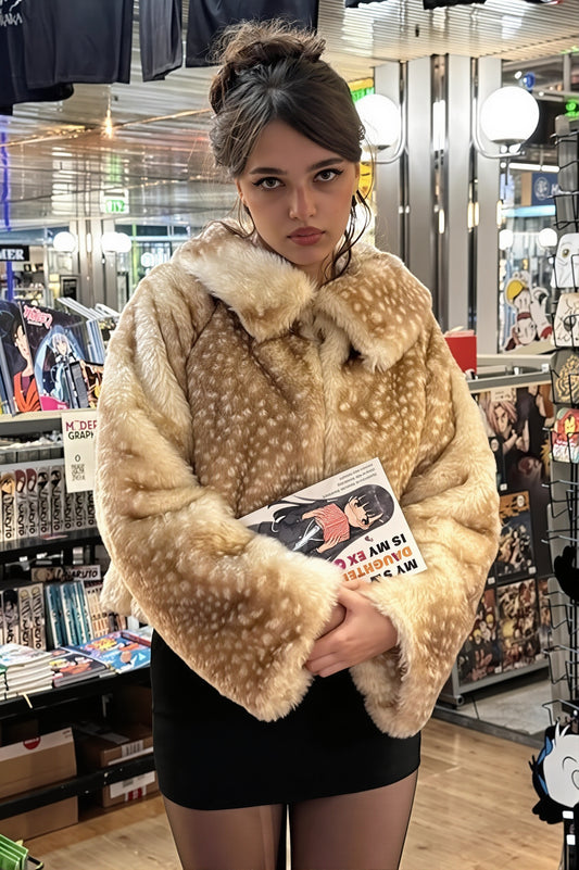 Fawn Print Cropped Plush Coat