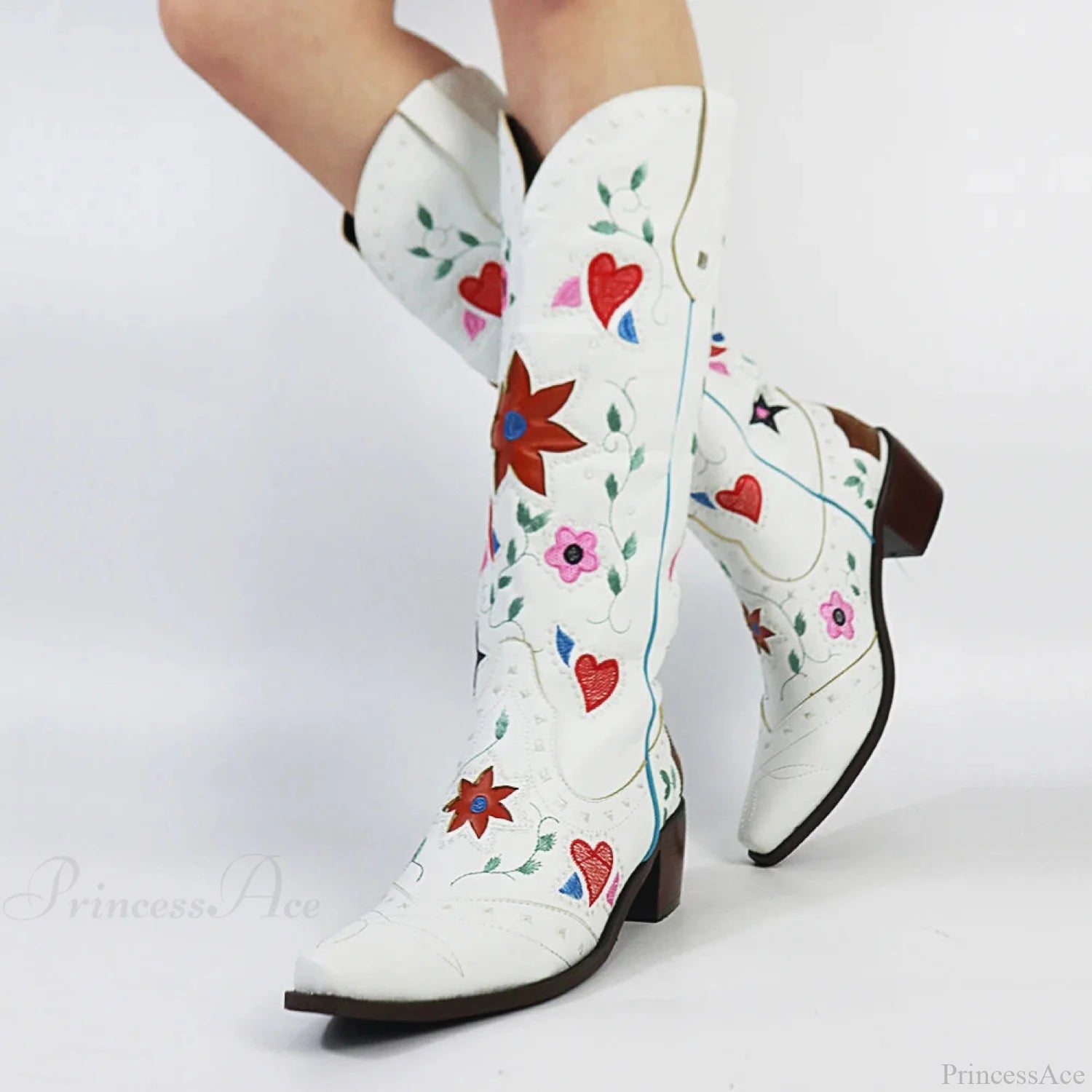 Affection Heart Mid-Calf Chunky Heel Rebel Western Boot White C / 6