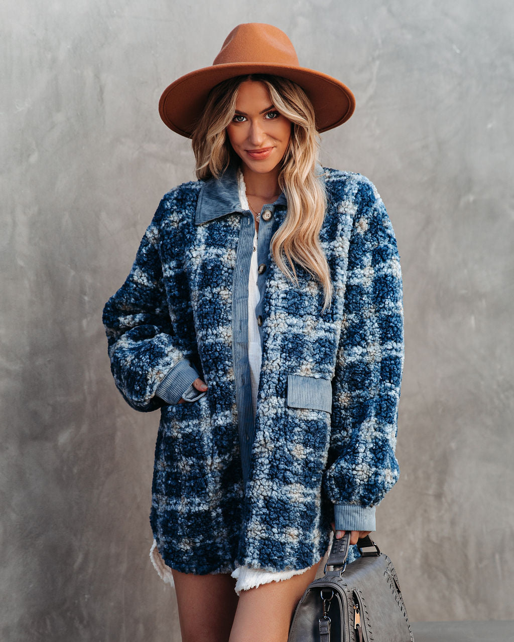 Blue Alaska Plaid Pocketed Teddy Jacket